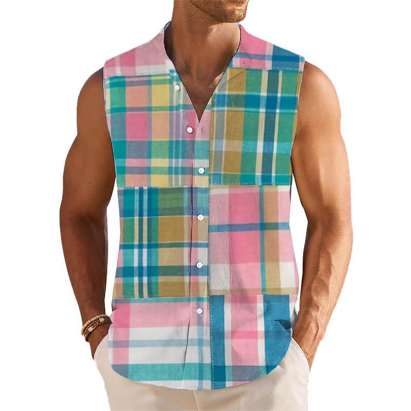 Color Block Printed Stand Collar Sleeveless Shirt 97338623L