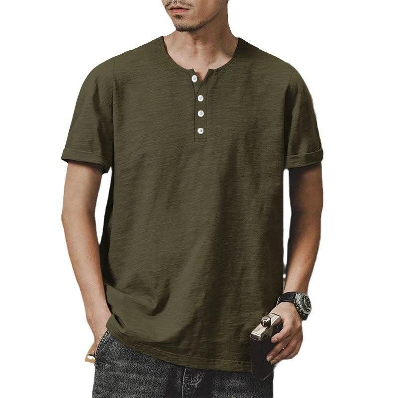 Men's Linen Henley Collar Summer Casual Short-sleeved T-shirt 97222428L