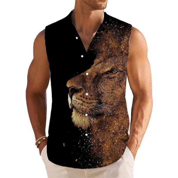 Lion Printed Stand Collar Sleeveless Shirt 84353868L