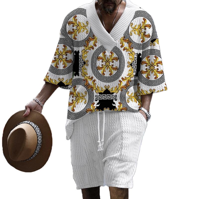 Men's Printed Short Sleeve Shorts Textured Set 58475622L