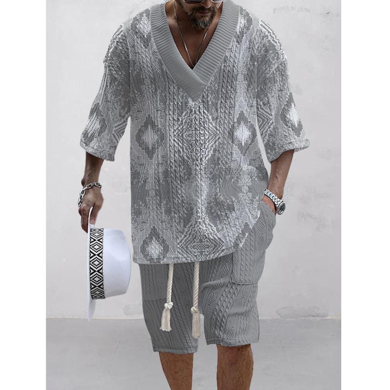 Men's Printed Short Sleeve Shorts Textured Set 56957362L