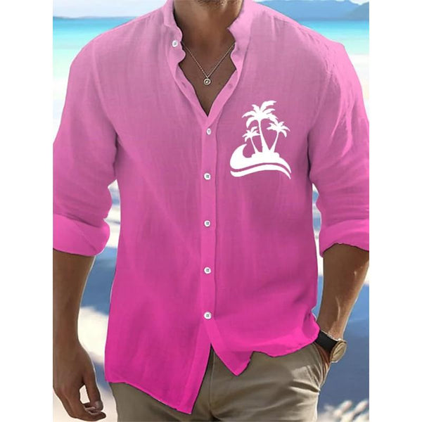 Men's Coconut Palm Printed Hawaii Vacation Stand Collar Casual Long Sleeve Shirt 51052722L