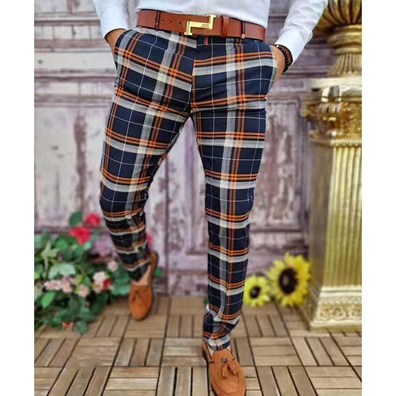 Men's Casual Plaid Print Mid-waist Trousers Micro-elastic Trousers 66882021L