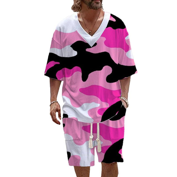 Men's Pink Camouflage Prints Art Casual Short Sleeve Set 07410089L