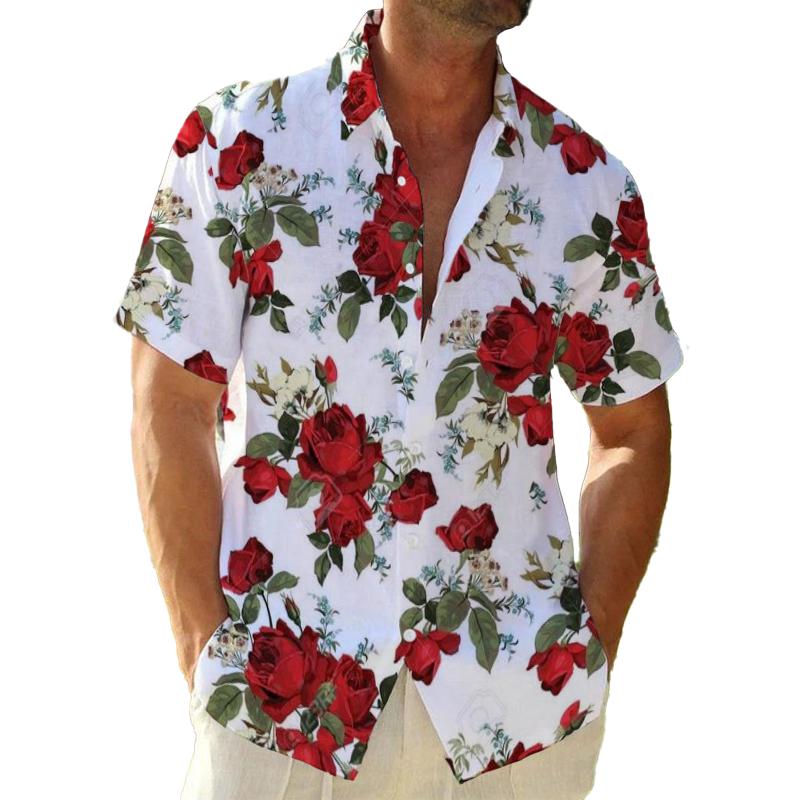 Men's Rose Flower Printed Short Sleeve Shirt 28712926L