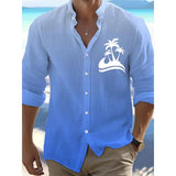 Men's Coconut Palm Printed Hawaii Vacation Stand Collar Casual Long Sleeve Shirt 51052722L