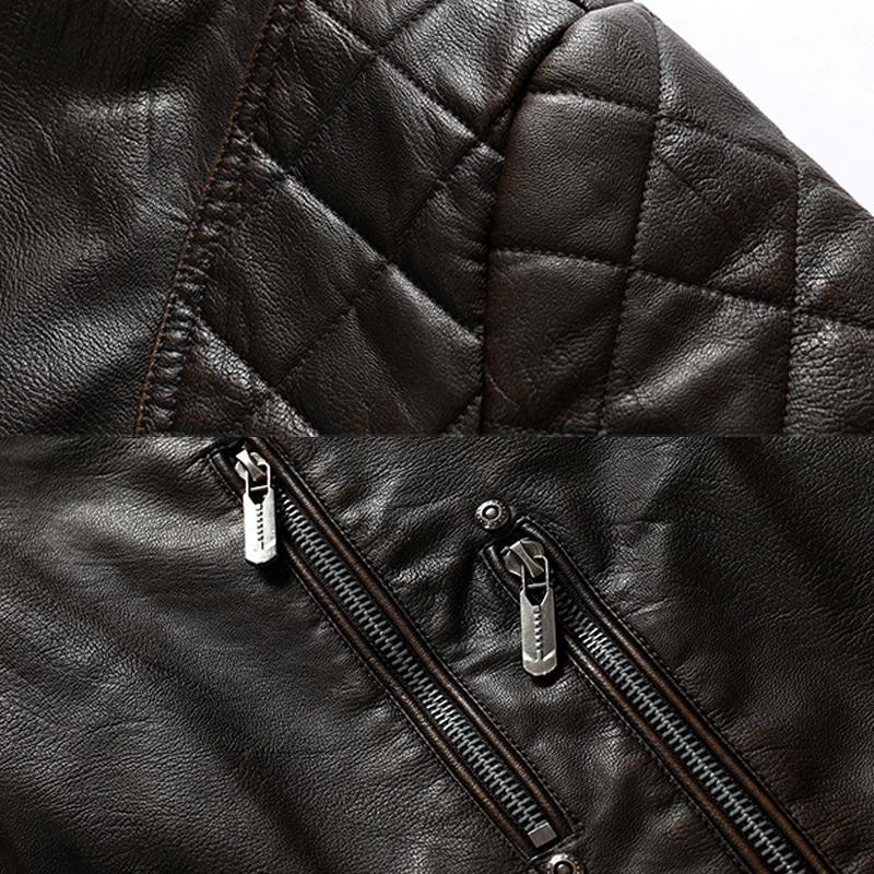 Men's Fleece Warm Slim Stand Collar Leather Jacket 24585213L