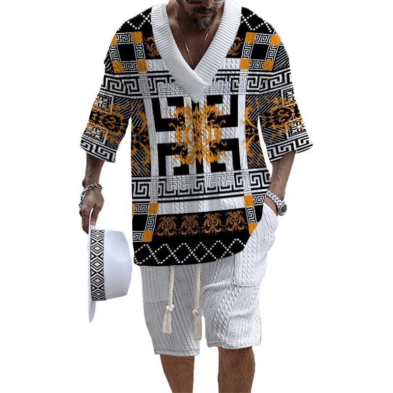 Men's Printed Short Sleeve Shorts Textured Set 85345470L