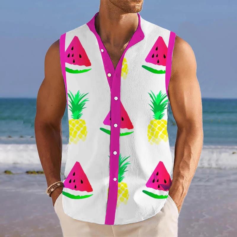 Fruit Printed Stand Collar Sleeveless Shirt 59641131L