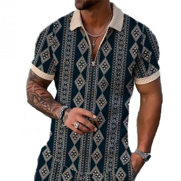 Men's Greek Printed Zipper Short Sleeve Polo Shirt 20821834L
