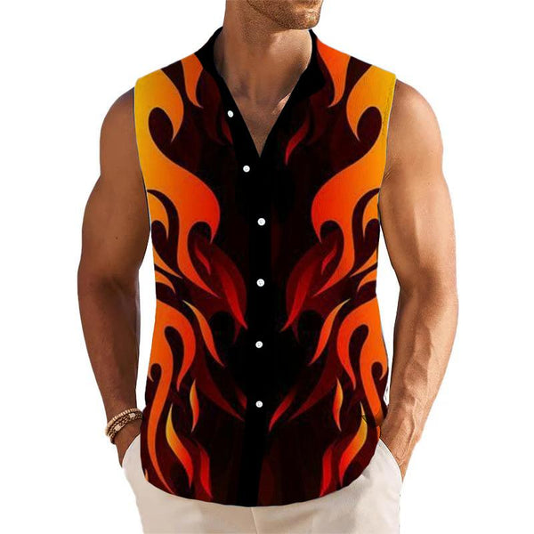 Flame Printed Stand Collar Sleeveless Shirt 44815822L