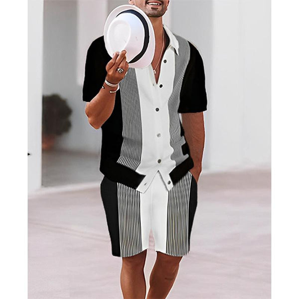 Men's Striped Printed Short Sleeve Shirt Set 96802385L