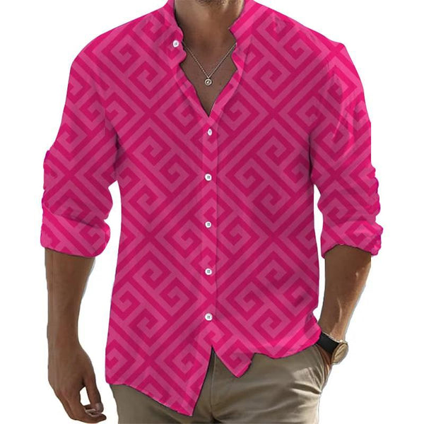 Men's Greek Geometry Hawaii Vacation Stand Collar Casual Long Sleeve Shirt 80463382L