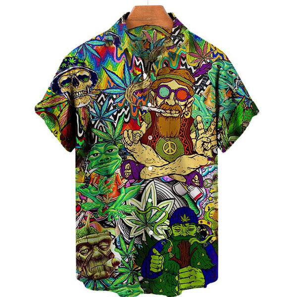 Men's Hawaiian Palm Tree Skull Print Casual Loose Short Sleeve Shirt 23129684L