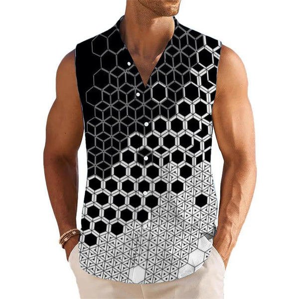 Geometric Figures Printed Stand Collar Sleeveless Shirt 97688945L