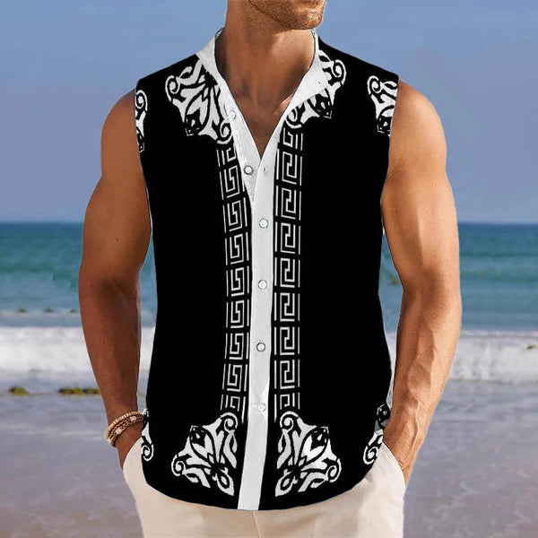 Greek Printed Stand Collar Sleeveless Shirt 48864757L