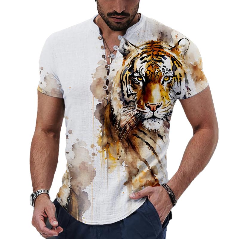 Men's Tiger Print Round Neck Loose Short Sleeve Shirt 97363899L