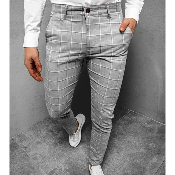 Men's Plaid Casual Micro Elastic Mid-Waist Trousers 84448938L