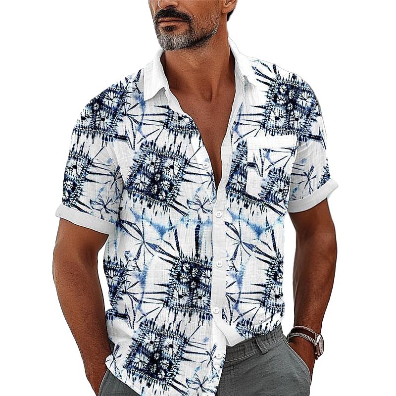 Flower Printed Men's Pocket Short Sleeve Shirt 08458958L