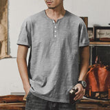 Men's Linen Henley Collar Summer Casual Short-sleeved T-shirt 97222428L