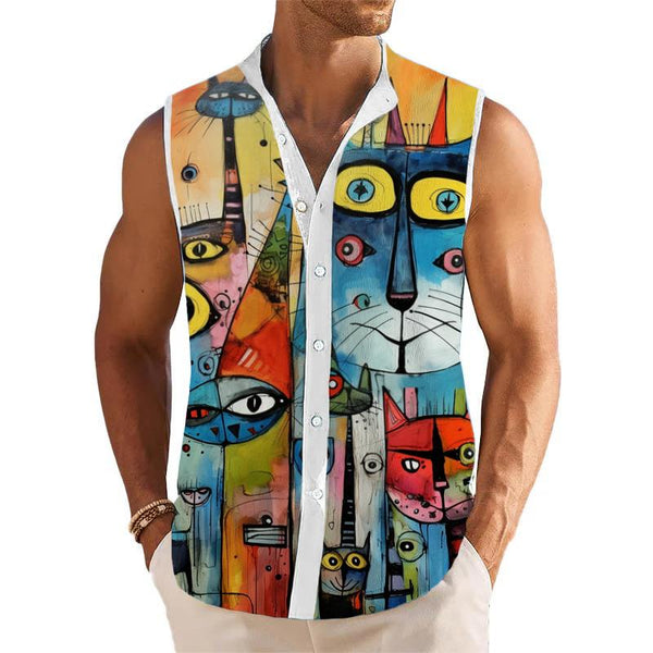 Abstract Cat Printed Stand Collar Sleeveless Shirt Tank Top 89749295L
