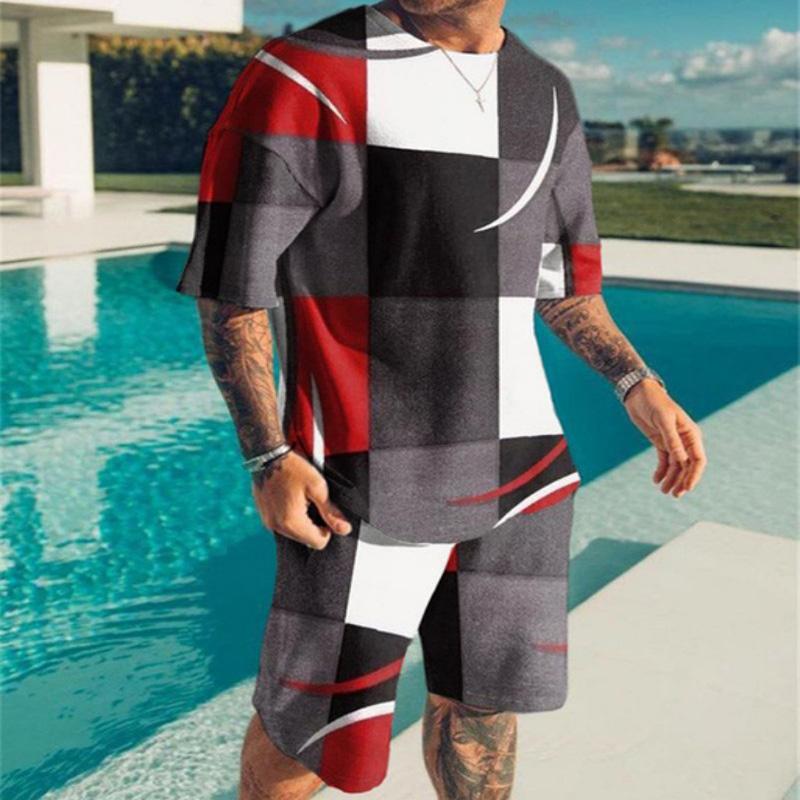 Men's Casual Printed T-shirt Shorts Beach Suit 34304541YM