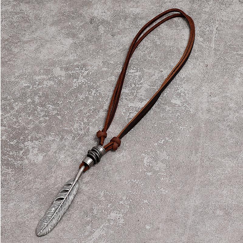 Simple Retro Brown Lychee Leather Creative Personality Feather Necklace 30443004YM