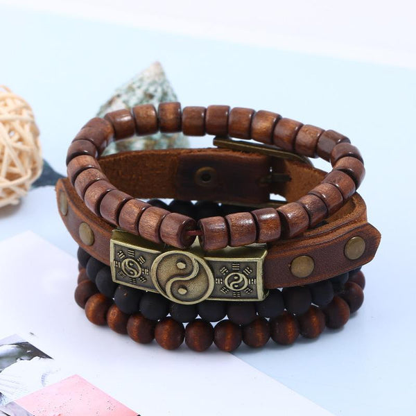 Vintage Leather Bracelet Wooden Bead Bracelet 22306477L