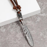Simple Retro Brown Lychee Leather Creative Personality Feather Necklace 30443004YM