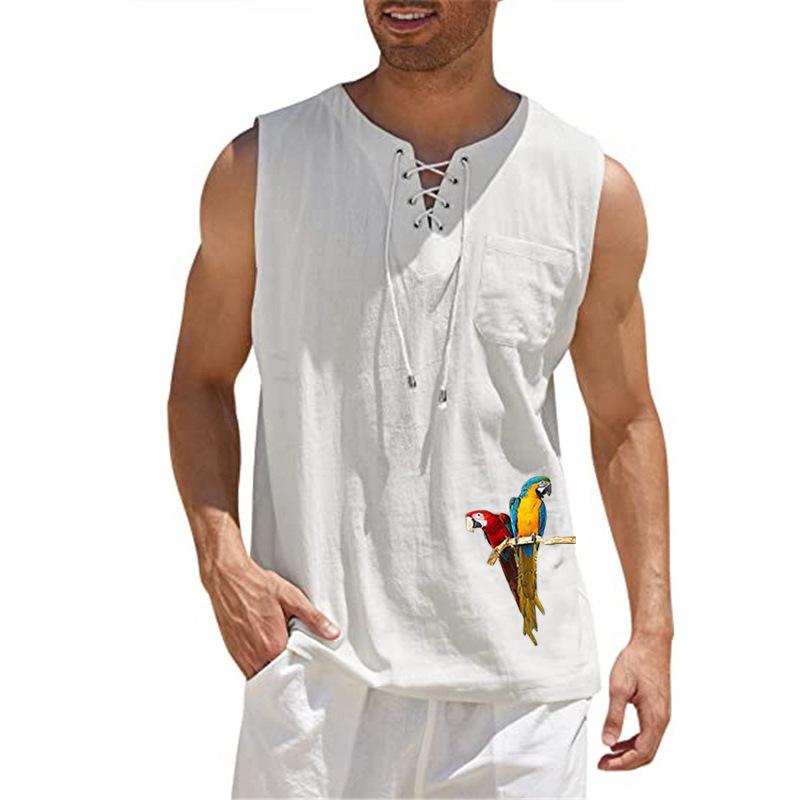 Men's Fashion Print Bird Cotton Linen Vest 34877073YM