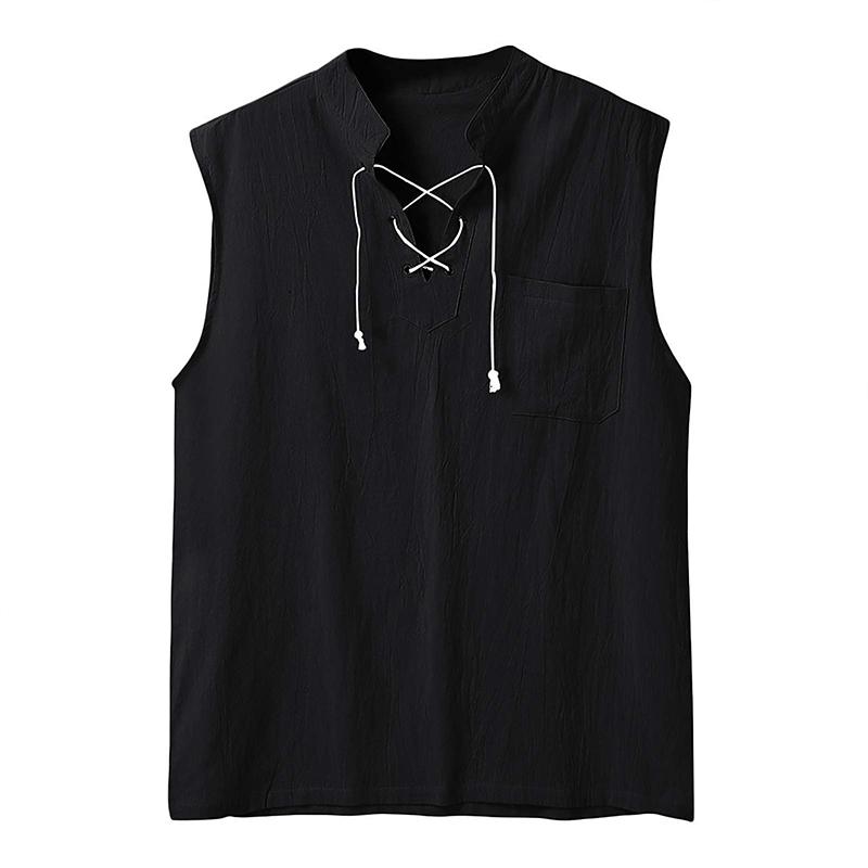 Men's Drawstring Collar Sleeveless Linen Shirt Shorts Set 29053799Z