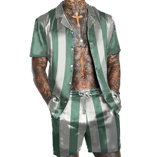 Men's Striped Color Block Shirt Shorts Set 19019546L